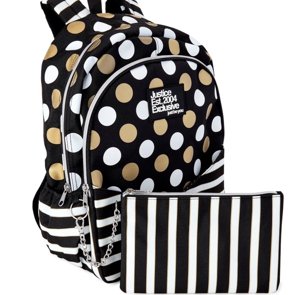 Justice  Exclusive "Just Be You" Gold & White Polka-dot & Strip Backpack bag - Picture 12 of 16